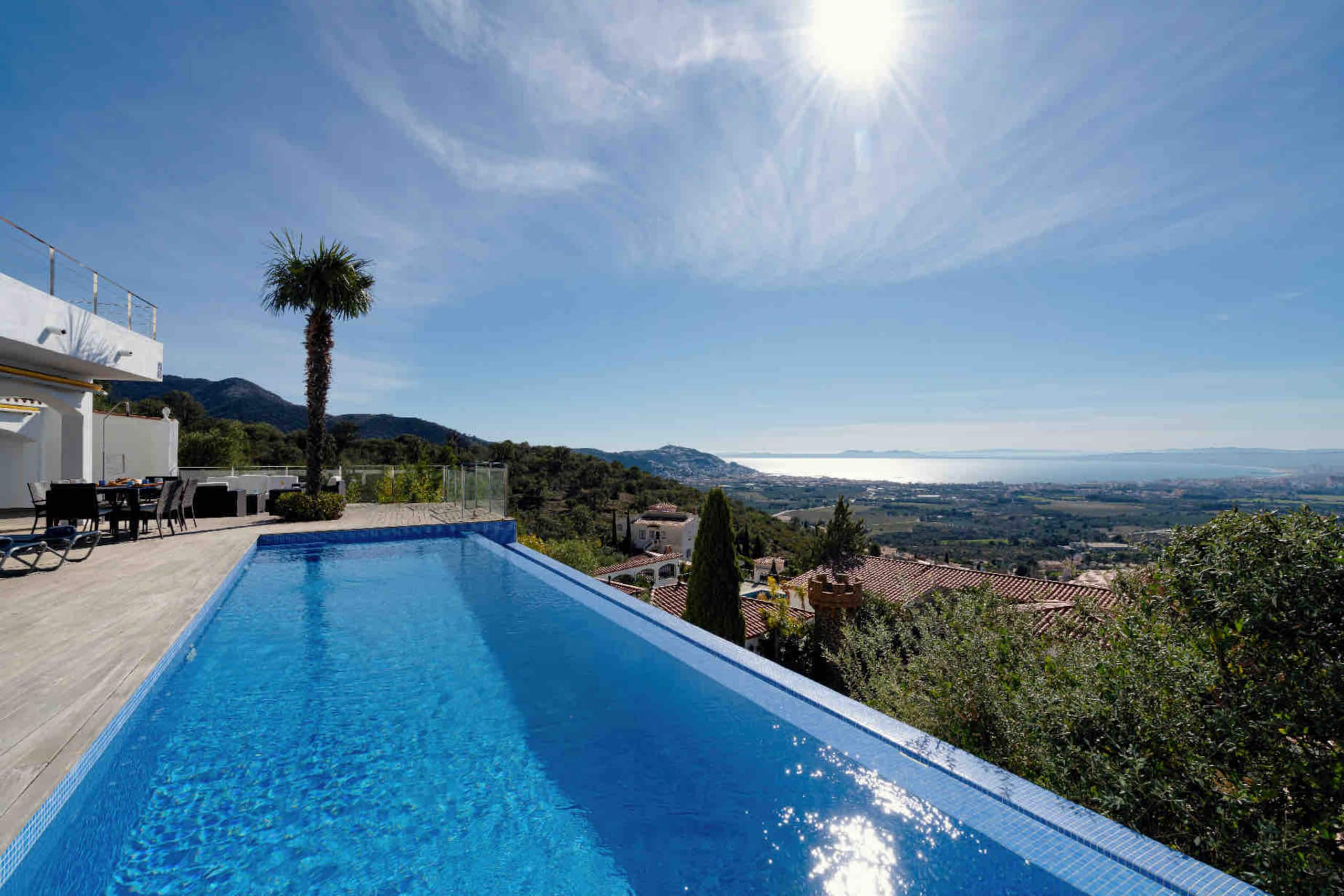 Daytime infinity pool with palm tree and mountain view