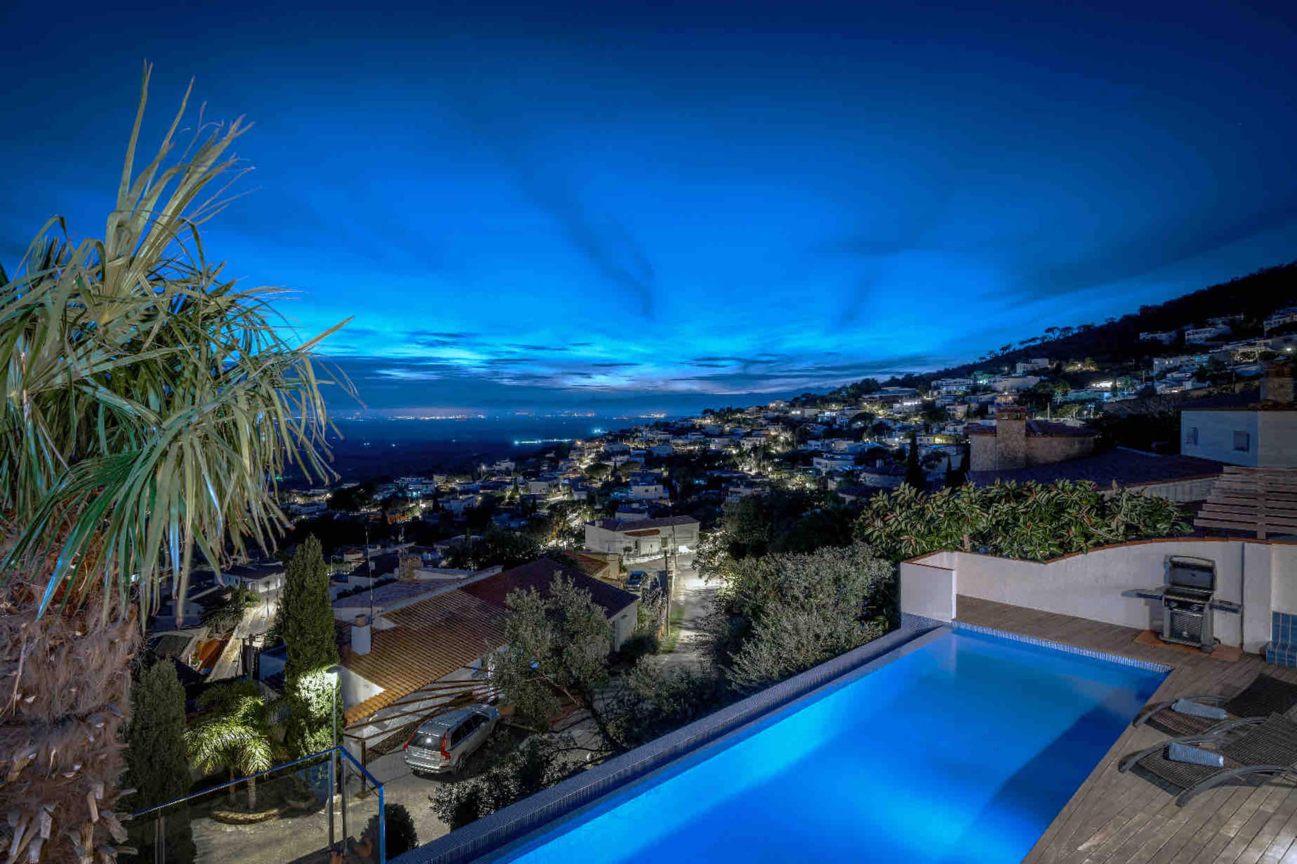 Dusk over the pool with palm and bay city lights